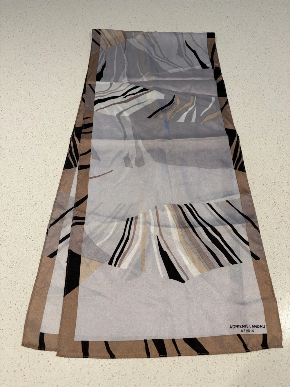 Adrienne Landau Gray, Taupe & Black Abstract Silk Scarf